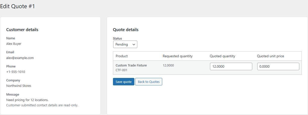 Admin quote edit screen