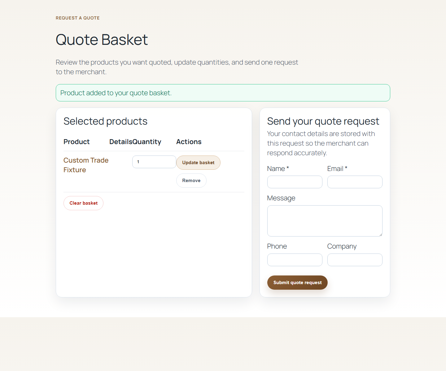 Quote basket screen